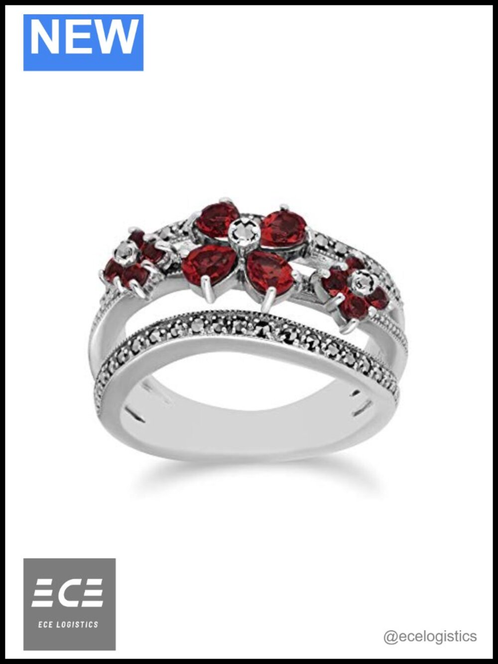 Sterling Silver Garnet Marcasite Flower Ring Statement